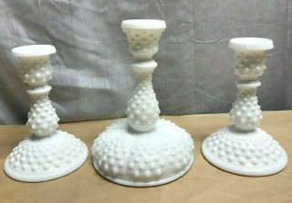 Vintage Fenton Hobnail Candlestick Holders Set 3 White Milk Glass Taper Candles