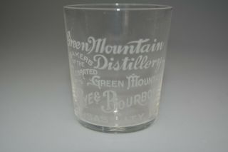 Antique Etched Shot Glass Green Mountain Distillery Rye Bourbon Kansas City Mo