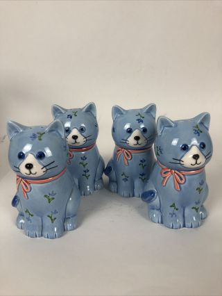 Vintage Otagiri Japan Hand Crafted Ceramic 4 Blue Cat Salt Shakers Decoration 4”