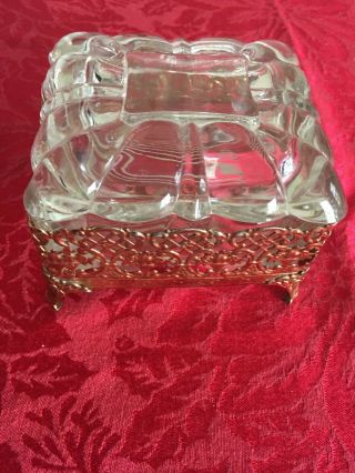 Vintage Gold Filigree Jewelry Box With Beveled Glass Lid