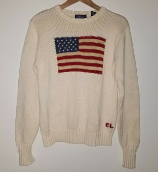 Vintage Polo Ralph Lauren Usa Flag Knit Sweater Xl Cream Cotton Rl Japan