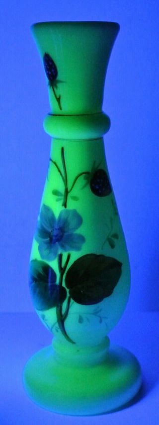 Antique French Opaline Uranium Glass Vase Hand Painted Floral 6.  25 