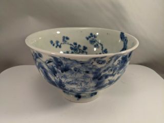 Antique Chinese Blue & White Porcelain Footed Bowl Flowers & Birds China