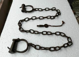 Old Vintage Antique Strong Heavy Iron Long chain Rare Adjustable Lock Handcuffs 2