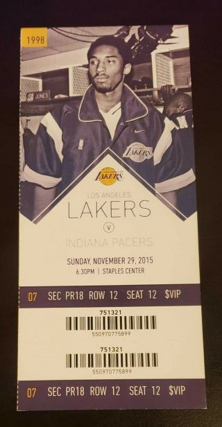 Kobe Bryant Los Angeles Lakers Vs Pacers 11/29/2015 Ticket Stub