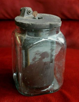Antique Aqua Glass E.  C.  W.  Battery Jar,  Lid/insert,  Rod