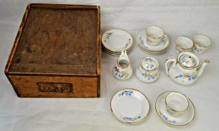 Antique Childs Toy Porcelain Tea Set With Plates And Marked Wood Box