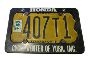 Vintage Pennsylvania Motorcycle License Plate With Honda Cycles Plate Frame