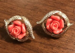 Vintage Sarah Coventry Goldtone Pink Coral Flower Clip On Earrings