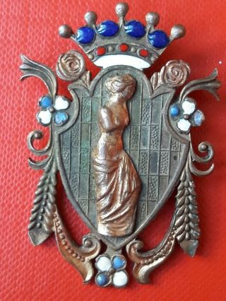 Antique Metal Brooch Semi Nude Lady Art Nouveau Crown Enameled Open Work
