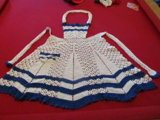 Vintage Hand Crocheted Blue And White Apron One Of A Kind Cotton
