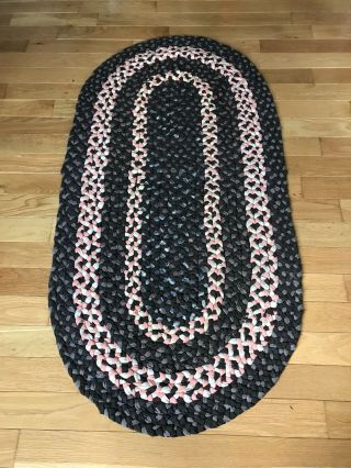 Antique Vintage Handmade Braided Oval Rug 28 1/2”w X 56”l Multicolored Vibrant