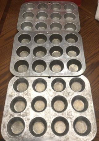 Set 3 Vintage Aluminum 12 Mini Muffin Cupcake Baking Pans Mirro & Foley