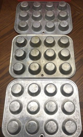 Set 3 Vintage Aluminum 12 Mini Muffin Cupcake Baking Pans Mirro & Foley 2