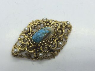 Vintage Gold Tone Filigree Style Brooch With Pearl And Maybe Turquoise