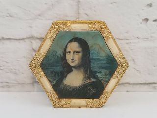 Vtg Mona Lisa Jewelry Pill Box Keepsake Trinket Ring Ornate Gold Tone Hexagon