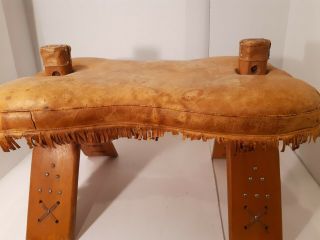Vintage Camel Saddle Middle Eastern Brown Wood Footstool Ottoman Stool 1