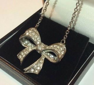 Signed Ted Baker Vintage Style Sparkling Crystal Ribbon Bow Pendant Necklace