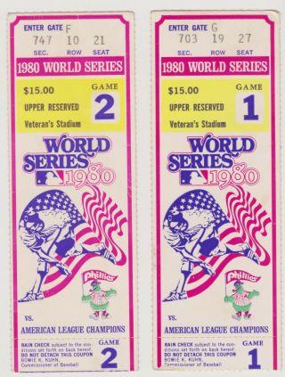 2 - 1980 World Series Ticket Stubs Philadelphia Phillies Vs.  K.  C.  Royals Games 1,  2