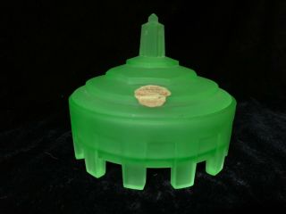 Antique Art Deco Vaseline Green Satin Glass Vanity Powder Jar