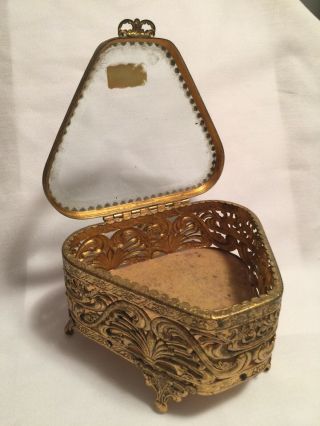 Antique Ornate 24k Brass Beveled Glass Curio Jewelry Display Vintage Trinket Box