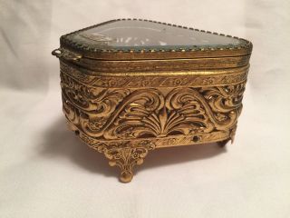 Antique Ornate 24K Brass Beveled Glass Curio Jewelry Display Vintage Trinket Box 2