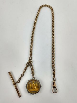Unusual Antique Victorian Gold Filled Pocket Watch Chain W/ Beveled Glass Fob