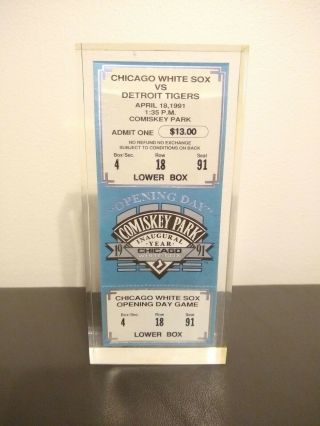 1991 Chicago White Sox Comiskey Park Commemorative Opening Day Ticket In Lucite