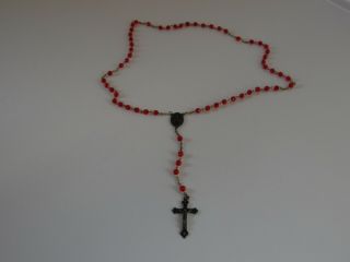 Vintage Catholic Rosary Necklace With Brass Cross Pendant Red Beads