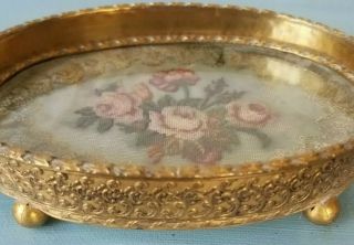 Antique Petit Point Embroidered Metallic Lace Gold Gilt Pin Tray Footed Austria