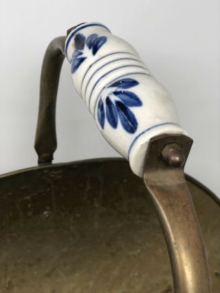 Antique Solid Brass Log Holder w/ Blue and White Porcelain Handle for Fireplace 3