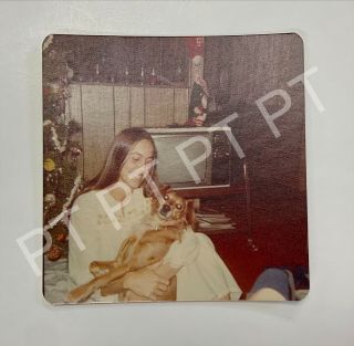 Vintage Found Photo Pretty Young Woman In Nightgown Holding A Dog 1970s Snapshot