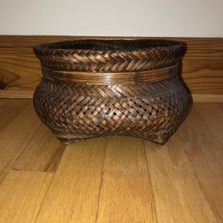 Vintage Woven Natural Wicker Rattan Planter Tropical Chinoiserie Boho Basket