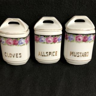 3 Vintage Czech Ceramic Spice Jars Mustard Cloves All Spice 4 1/2 " W Lid Floral