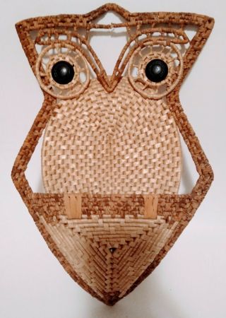 Vintage Wicker Rattan Woven Owl Wall Hanging Pocket Boho Folk Art Trivet Holder