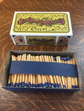 Vintage 1970 Ohio Blue Tip Strike Anywhere Matches Box Wadsworth Ohio 3/4,  Full