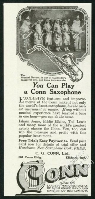 1922 Conn Saxophone The Musical Nosses Band Photo Vintage Print Ad