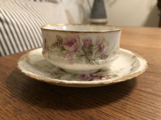 Antique Theodore Haviland Limoges Tea Cup/saucer Set Decorated W/ Pink Roses