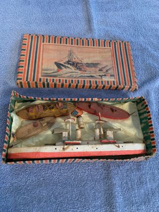 Vtg Wooden Great Navy Toy Boat X 4 Made In Japan W/ Box Marked K