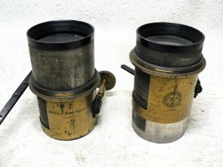 Two Antique Bausch & Lomb Magic Lantern / Large Format Camera Lenses.  Brass