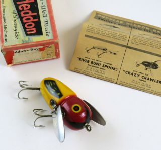 Heddon Dowagiac Crazy Crawler 2120 Yrh,  Vintage Wood Fishing Lure W/box & Insert