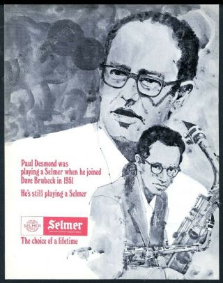1974 Selmer Mark Vi Saxophone Paul Desmond Portrait Vintage Print Ad