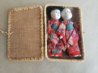 Vintage Japanese Ichimatsu Kimono Dolls 2 In Basket 5 "
