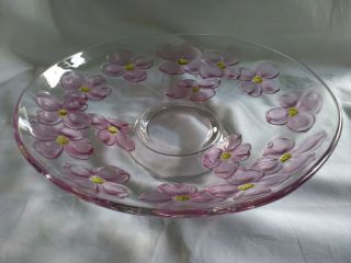 Vintage Lancaster Depression Glass Console Bowl With Pink Flowers 12.  75 "