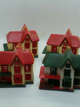 Vintage Set Of 4 Plastic Christmas Ornament Victorian Houses China 2.  5 " High