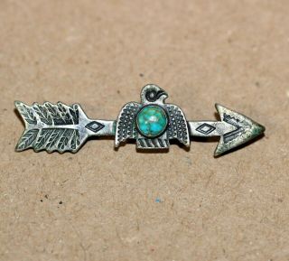 Antique Fred Harvey Era Sterling Silver Turquoise Thunder Bird Arrow Pin Brooch