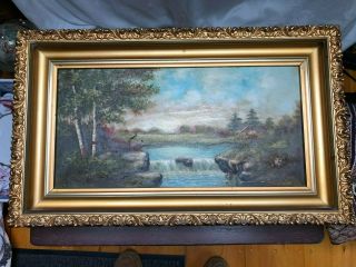 American 19th Century Antique Oil On Canvas Painting With Orig.  Gold Gilt Frame