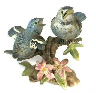 Vintage Signed Blue Jay Birds On A Branch Ceramic Figurine Collectible Floral