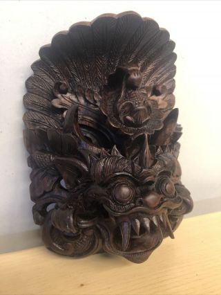 Antique Hand Carved Wooden Dragon Mask For Wall 7”x6”