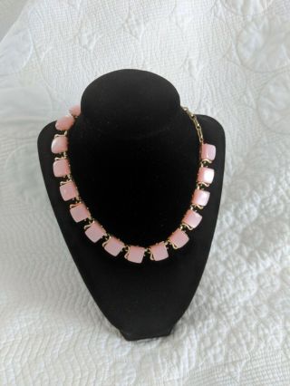 Vintage Signed Coro Pink Lucite Thermoset Moonray Square Link Necklace Choker